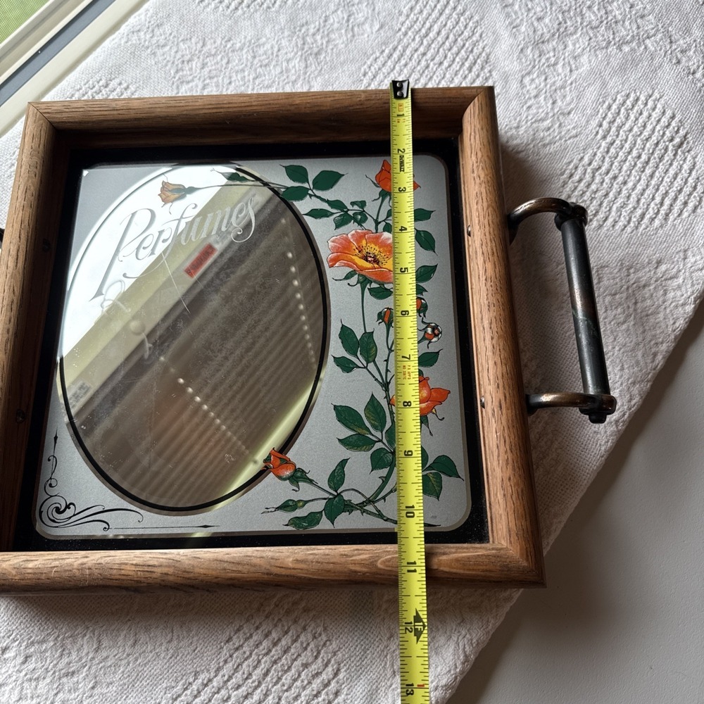 Vintage Hensley Company Perfumes Roses Mirror Tray with Handles Wood Frame - Picture 7 of 10